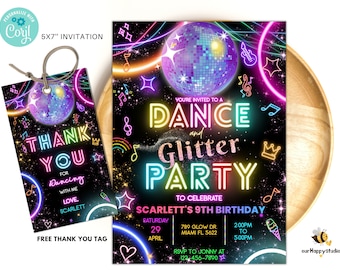 May include: A neon pink, blue, and yellow invitation for a "Dance and Glitter Party" to celebrate a 9th birthday. The invitation features a disco ball, musical notes, and a crown. The text "RSVP to Jonny at 123-456-7890" is included.