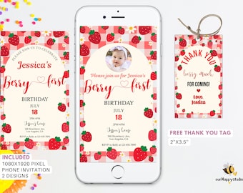 Editable Berry First Birthday Evite with photo template, Strawberry 1st Birthday Invitation, Berry party, fruit girl birthday invitation BE1