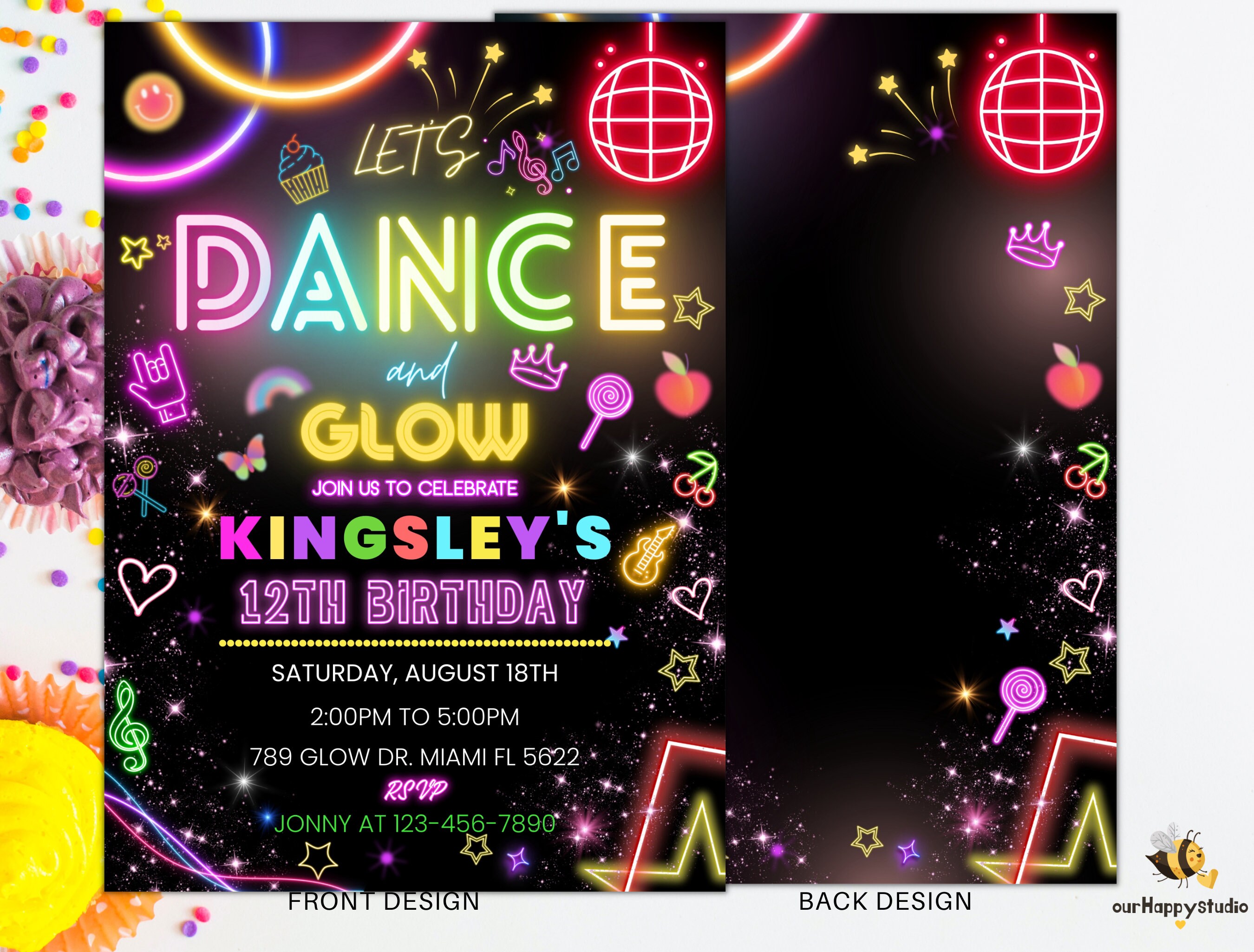 Editable dance party birthday invitation glow gender neutral etsy