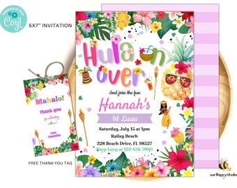 May include: A colorful invitation for a luau party with the text "Hula n over" and "Hannah's 1st Luau". The invitation features a pineapple with sunglasses, a hula dancer, and tropical flowers. The text "Saturday, July 15 at 1pm Railay Beach 328 Beach Drive, FL 98527 Rsvp Lucy at 123-456-7890" is also included.