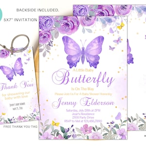 Editable Butterfly Baby Shower invitation, Printable Purple Butterfly Invitation Template, Instant Download Girl Baby Shower Invitation 02