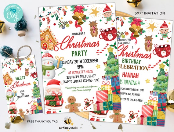 Editable Christmas Party Invitation, Christmas Birthday party invite, Xmas Invitation, Christmas birthday invitation XP01