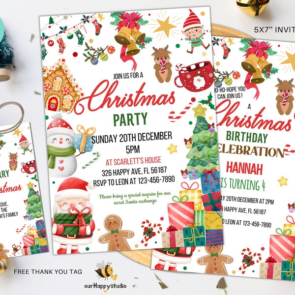 Editable Christmas Party Invitation, Christmas Birthday party invite, Xmas Invitation, Christmas birthday invitation XP01