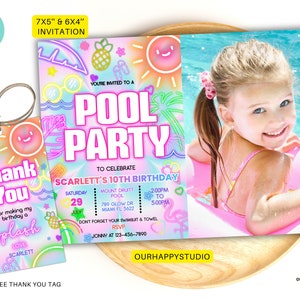 Editable photo pool party invitation, Glow neon invite, Tropical tie dye birthday pool party invitation swimming party instant download