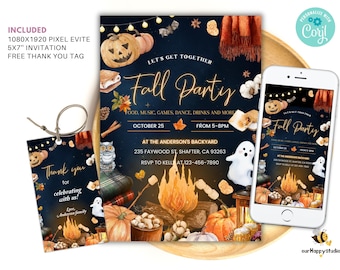 May include: A digital fall party invitation and matching thank you tag featuring a dark background with illustrations of a campfire, pumpkins, a ghost, an owl, and s'mores. The text reads Let's Get Together Fall Party, October 25, 5-8PM, and Thank you.