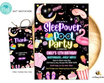 Editable Sleepover Pool birthday invite Slumber party birthday invitation Pink girl Spa tween teen Pool party digital download template SP01