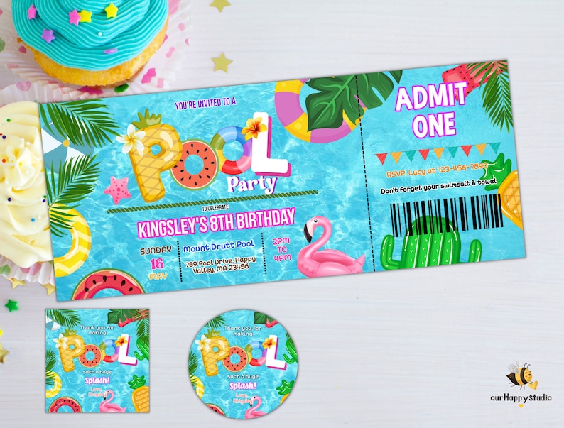 Tropical Pool Party Ticket Invitation, Editable Swim Party Invite ...