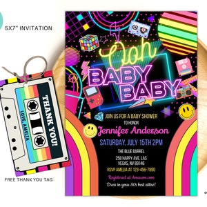 Editable 80s baby shower Invitation back to the 80s Neon party glow dance disco 2000s baby shower 90s instant download 02