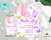 Editable Butterfly Birthday invitation, Butterfly First birthday invite Girl purple pink butterfly invitation instant download BTF04