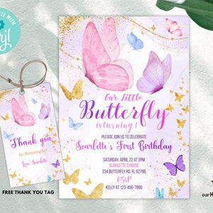 Convite de aniversário de borboleta editável, convite de primeiro aniversário de borboleta, convite de menina, borboleta roxa rosa, download instantâneo BTF04