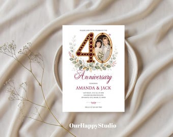 Editable 40th Anniversary Invitation, Ruby Wedding Greenery Photo Template (5x7)