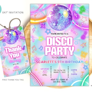 Editable Disco Party Birthday Invitation, Tie Dye Disco Gender Neutral Invites, Dance Party Template, Neon Party Invites Editable 5×7 invite