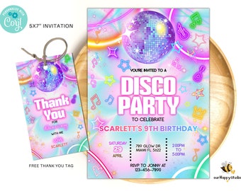 Bewerkbare Disco Party verjaardagsuitnodiging, Tie Dye Disco Genderneutrale uitnodigingen, Dance Party Template, Neon Party nodigt Bewerkbare 5×7 uitnodiging