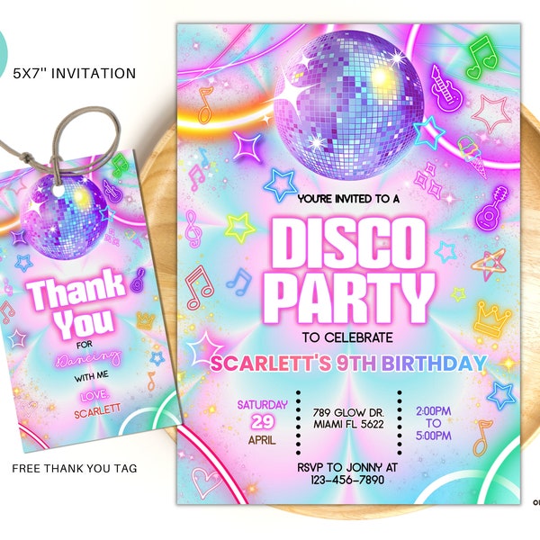 Editable Disco Party Birthday Invitation, Tie Dye Disco Gender Neutral Invites, Dance Party Template, Neon Party Invites Editable 5×7 invite