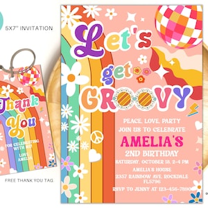 Editable Let&#39;s get groovy invite rainbow daisy groovy 1st 2nd 3rd birthday invite Hippie Retro birthday invitation Instant download GV01