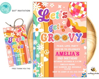 Editable Let's get groovy invite rainbow daisy groovy 1st 2nd 3rd birthday invite Hippie Retro birthday invitation Instant download GV01