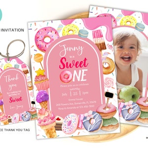 Editable Sweet one Birthday Invite template, Donut 1st Birthday Invitation, donut party invite, sweet girl birthday invitation SW01