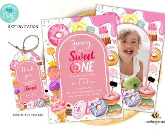 Editable Sweet one Birthday Invite template, Donut 1st Birthday Invitation, donut party invite, sweet girl birthday invitation SW01