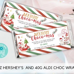 May include: Printable Christmas chocolate bar wrapper with a red and green striped background. The wrapper features a watercolor illustration of Santa Claus in a sleigh with a Christmas tree and the text "Merry Choco-mas". The text "You've been so nice, Santa sent this sweet treat just for you! Merry Christmas!" is also included. The wrapper is personalized with the name "Emily" and the address "123 Candy Cane Lane, The North Pole".
