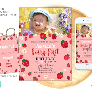 Editable Berry First Birthday Invite template, Strawberry 1st photo Birthday Invitation, Berry party Evite, fruit girl invitation SB05