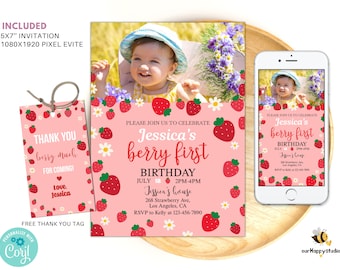 Editable Berry First Birthday Invite template, Strawberry 1st photo Birthday Invitation, Berry party Evite, fruit girl invitation SB05