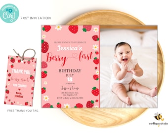 Editable Berry First Birthday photo Invitation, Strawberry 1st Birthday invite, Berry party invite, fruit girl birthday invitation SB01
