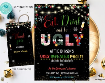 Editable Ugly Sweater Party Invitation, Christmas Rustic ugly Sweater Invite, Ugly Sweater party invite instant download 01