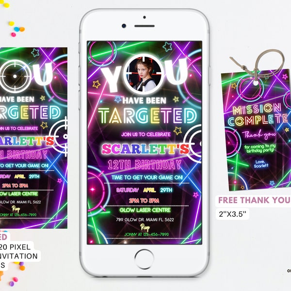 Editable Laser Tag Party photo Electronic Invitation Neon Birthday Party Invite glow laser tag birthday neutral laser party instant download