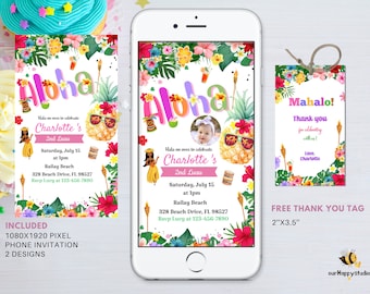 Editable Hawaiian Luau Birthday Electronic Invitation, Luau Party, Luau 1st 2rd birthday pool party evite instant download H01