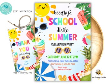 Editable End of School Party Invitation, Pool party invitation, Hello summer goodbye school's out summer party invitation instant download