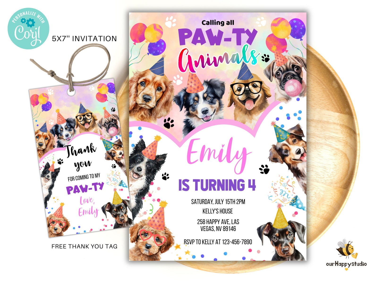 Editable Dogs Birthday Party Invitation Template Pawty Pets Animals ...