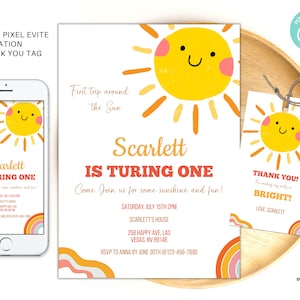 Editable Sun birthday Invitation, First trip around the sun Birthday Invitation, 1st Birthday Sunshine Invite, Sun Gender Neutral Invite, S1