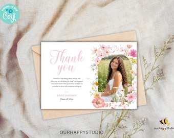 Wildflower Graduation Thank You Card Template, Floral Grad Flat Note (Digital Download)