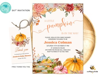 Editable Pumpkin baby shower invitation, Fall autumn pumpkin baby shower invite Instant download invitation template F01