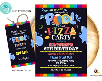 Editable pool and pizza party invitation, water park invite, Pizza birthday pool party invitation swimming party instant download