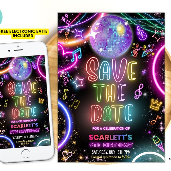 Editable Save the date dance Birthday Party Template Neon party glow dance disco birthday 90s instant download