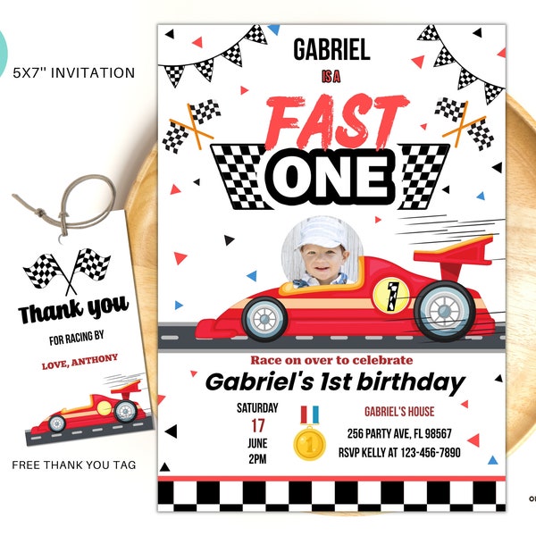 Editable Fast one Racing car first birthday photo invitation, 1st birthday boy invitation boy racecar party invite instant download FO01
