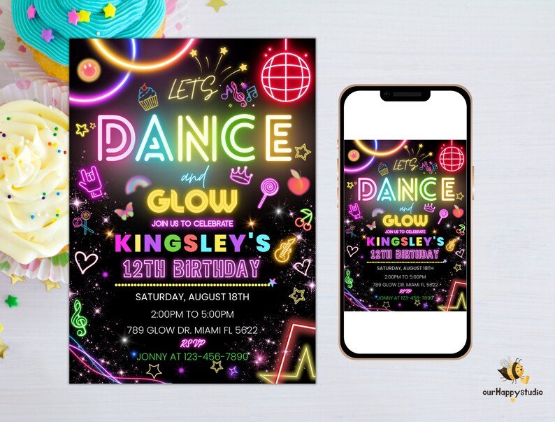 Editable dance party birthday invitation glow gender neutral etsy