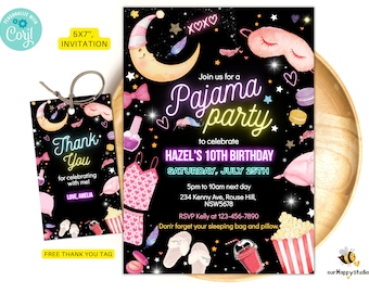 Editable Pajama birthday invite Slumber party sleepover birthday invitation Pink girl Spa tween teen glow digital download template