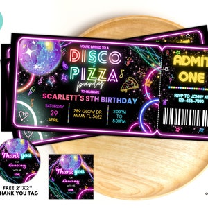 Bearbeitbare Disco Pizza Party Geburtstagseinladungskarte, Disco Gender Neutral lädt ein, Tanzparty Vorlage, Neon Party lädt bearbeitbar ein