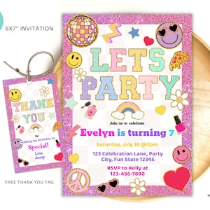 Invitación de cumpleaños con letra de parche editable, invitación con carita sonriente, cumpleaños de pijamas, invitación con emoji, fiesta de adolescentes, plantilla de cumpleaños para preadolescentes PPB04