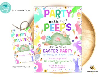 Puede incluir: Una invitación imprimible de 12,7 x 17,8 cm para una fiesta de Pascua con el texto "Party with my Peeps" en colores arcoíris. La invitación presenta una ilustración de acuarela de un nido con huevos y conejos. El texto "Join us for an Easter Party" está en rosa y morado. La fecha y la hora de la fiesta se enumeran a continuación. La invitación también incluye la ubicación y la información de RSVP.