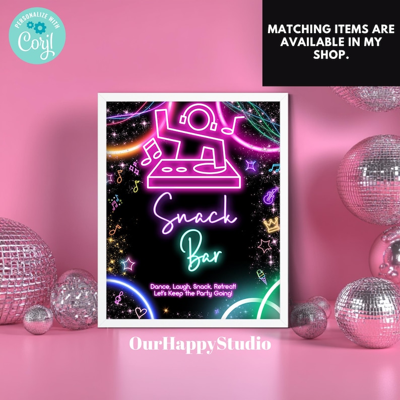 May include: Neon sign with a DJ and the words "Snack Bar" on a black background with stars and music notes. The text below the sign says "Dance, Laugh, Snack, Retreat! Let's Keep the Party Going!" and "OurHappyStudio".