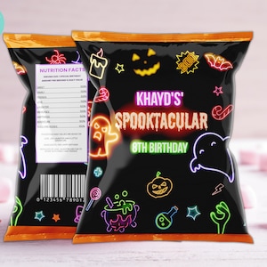 Editable Halloween birthday party Chip Bag Wrapper Spooktacular Party Glow Gender Neutral BOO Chip bag, Neon Party HW04
