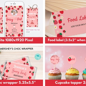 May include: Printable party supplies for a first birthday with a strawberry theme. The set includes an invitation, a thank you tag, a food label, a chocolate bar wrapper, and cupcake toppers. The design features red strawberries, white flowers, and pink background.