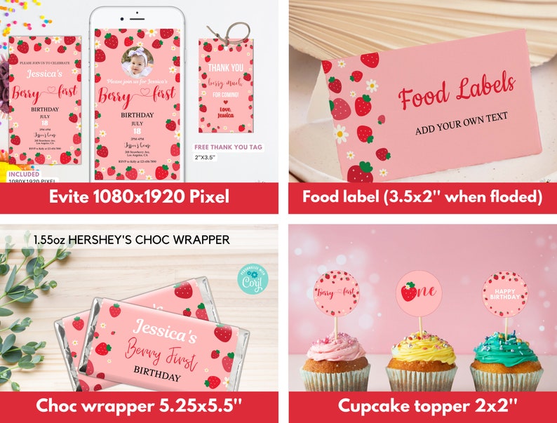 May include: Printable party supplies for a first birthday with a strawberry theme. The set includes an invitation, a thank you tag, a food label, a chocolate bar wrapper, and cupcake toppers. The design features red strawberries, white flowers, and pink background.