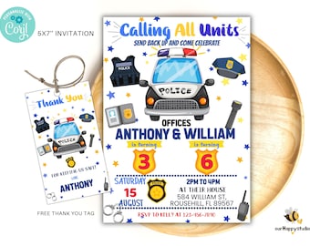 May include: A police-themed invitation and thank you tag set. The invitation features a police car illustration, text that reads "Calling All Units", and event details. The thank you tag has a matching design.