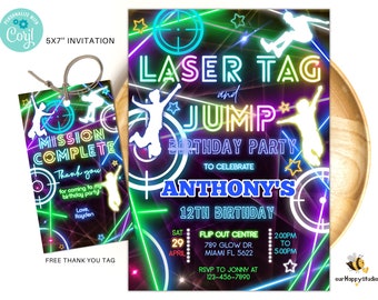 Invitation d'anniversaire Jump Party modifiable laser tag party boy invite Neon glow laser tag et Jump Party invite modifiable bleu Glow Party LJ02