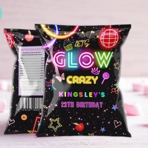 May include: A black chip bag with a neon glow theme. The bag has a black background with neon pink, green, blue, and yellow accents. The text on the bag reads "Let's Glow Crazy Kingsley's 12th Birthday".