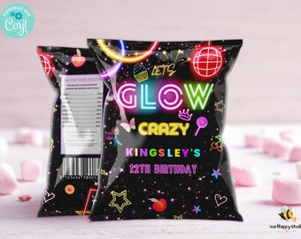 Editable Let&#39;s glow crazy Chip Bag Wrapper Glow Party Glow Gender Neutral Glow Party Chip bag, Neon Party